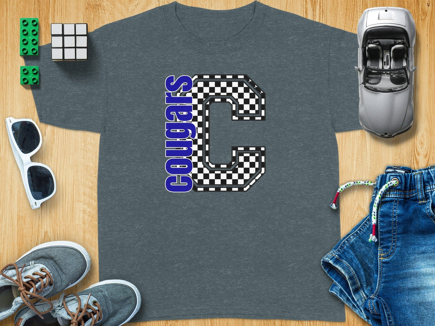 Jen Peete Designs Youth Clothing Youth Block Lettered Cougars Spirit Shirt with Checkered C