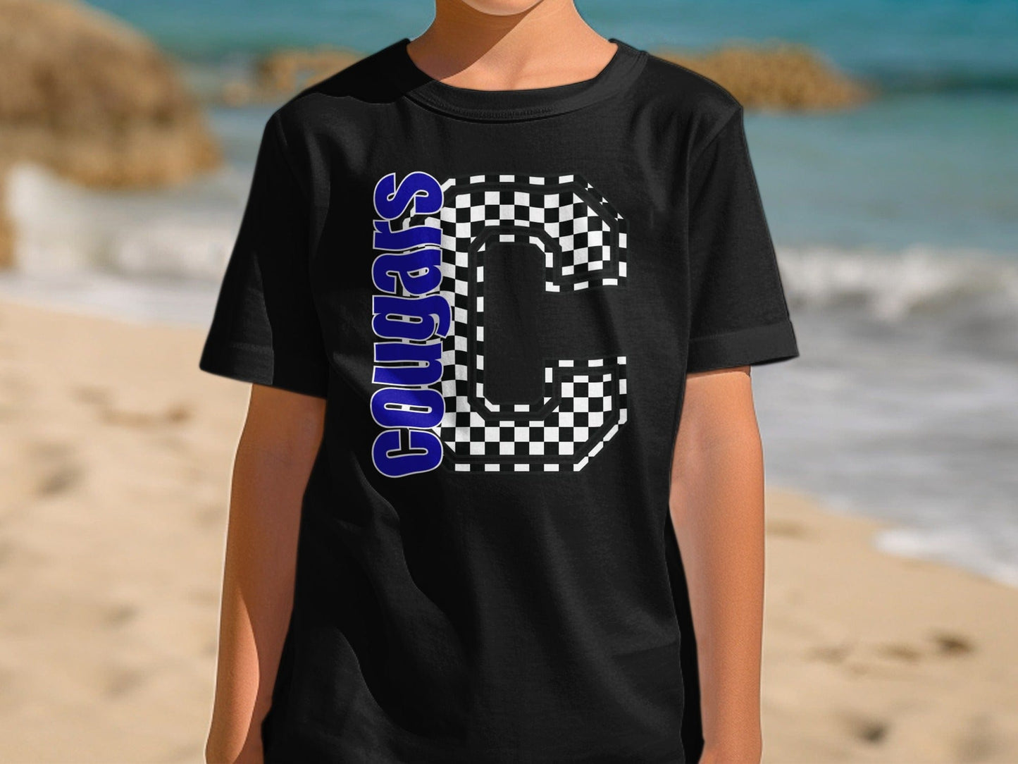 Jen Peete Designs Youth Clothing Youth Block Lettered Cougars Spirit Shirt with Checkered C