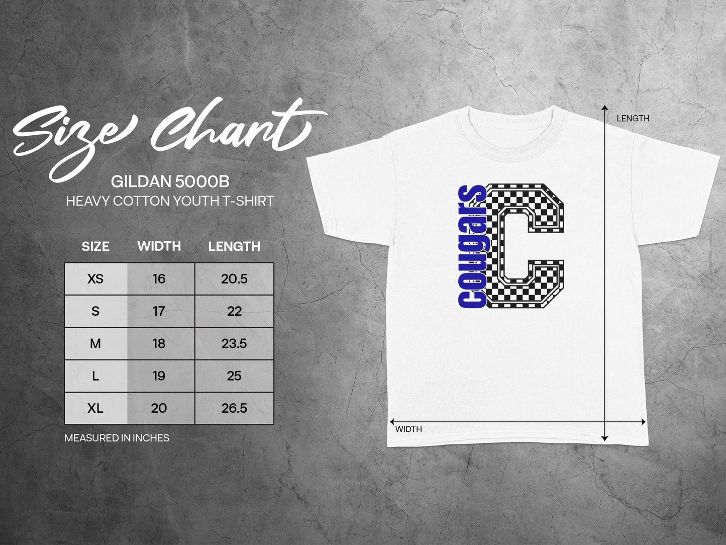 Jen Peete Designs Youth Clothing Youth Block Lettered Cougars Spirit Shirt with Checkered C