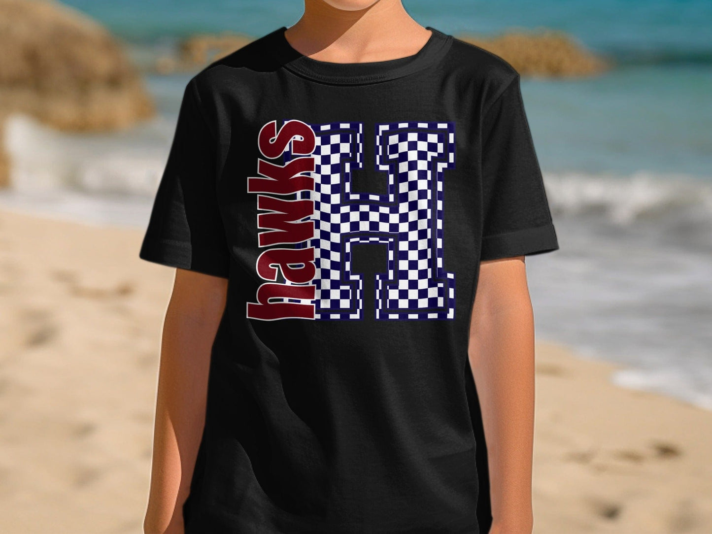 Jen Peete Designs Youth Clothing Youth Block Lettered Hawks Spirit Shirt with Blue Checkered H