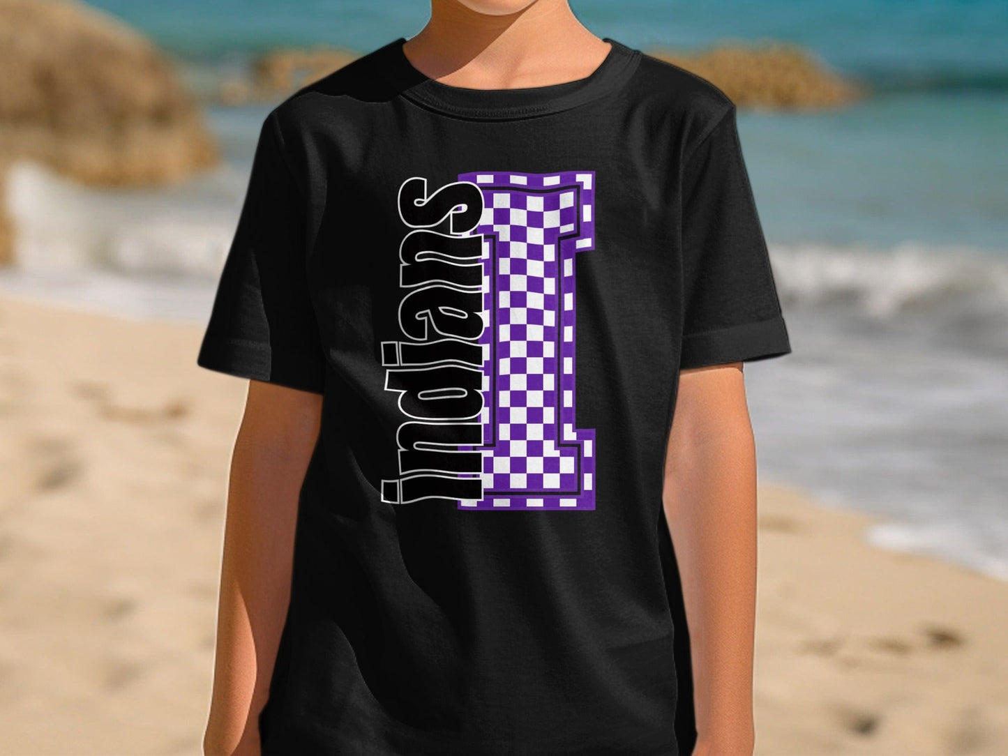 Jen Peete Designs Youth Clothing Youth Block Lettered Indians Spirit Shirt with Purple Checkered I