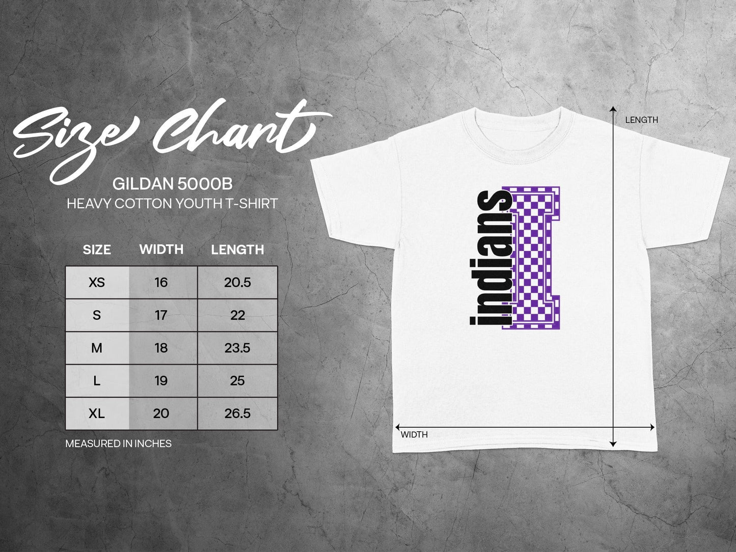 Jen Peete Designs Youth Clothing Youth Block Lettered Indians Spirit Shirt with Purple Checkered I
