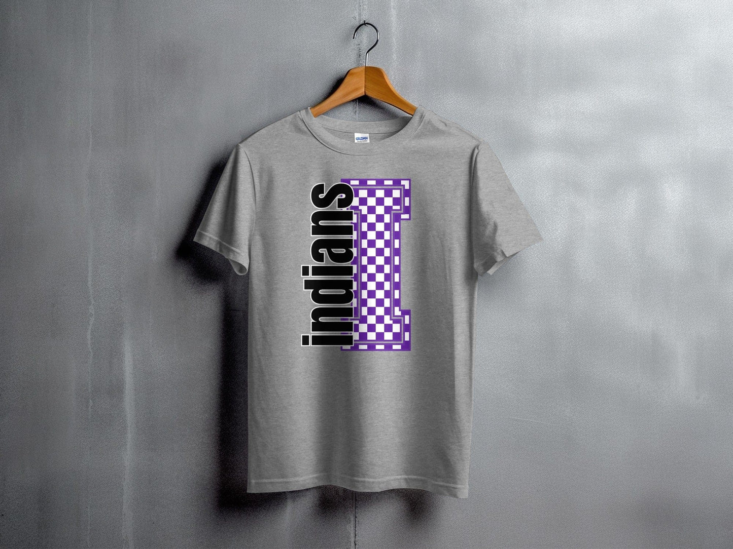 Jen Peete Designs Youth Clothing Youth Block Lettered Indians Spirit Shirt with Purple Checkered I