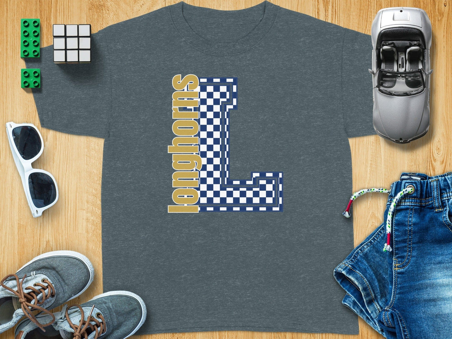 Jen Peete Designs Youth Clothing Youth Block Lettered Longhorns Spirit Shirt with Blue Checkered L