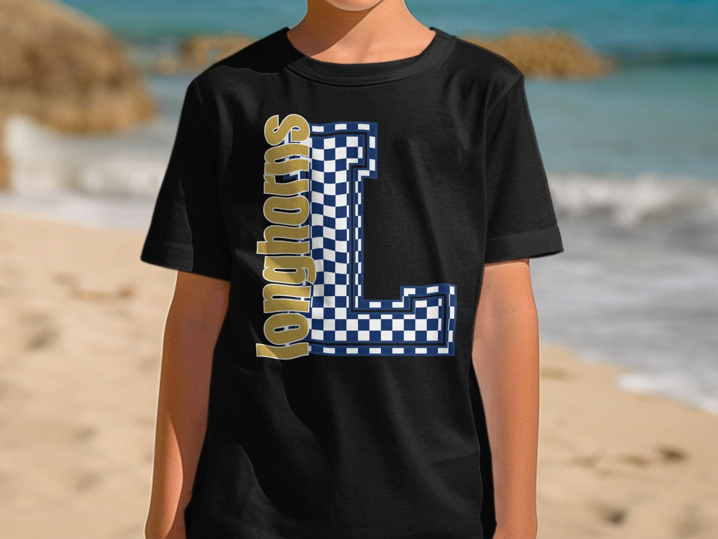 Jen Peete Designs Youth Clothing Youth Block Lettered Longhorns Spirit Shirt with Blue Checkered L