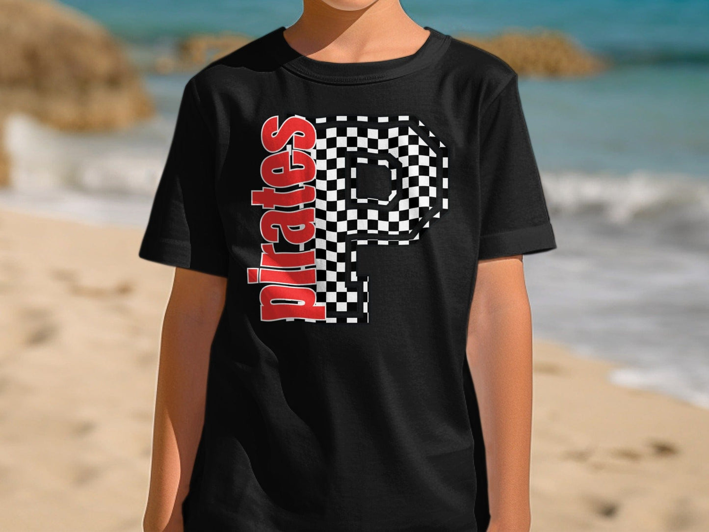 Jen Peete Designs Youth Clothing Youth Block Lettered Pirates Spirit Shirt with Checkered P