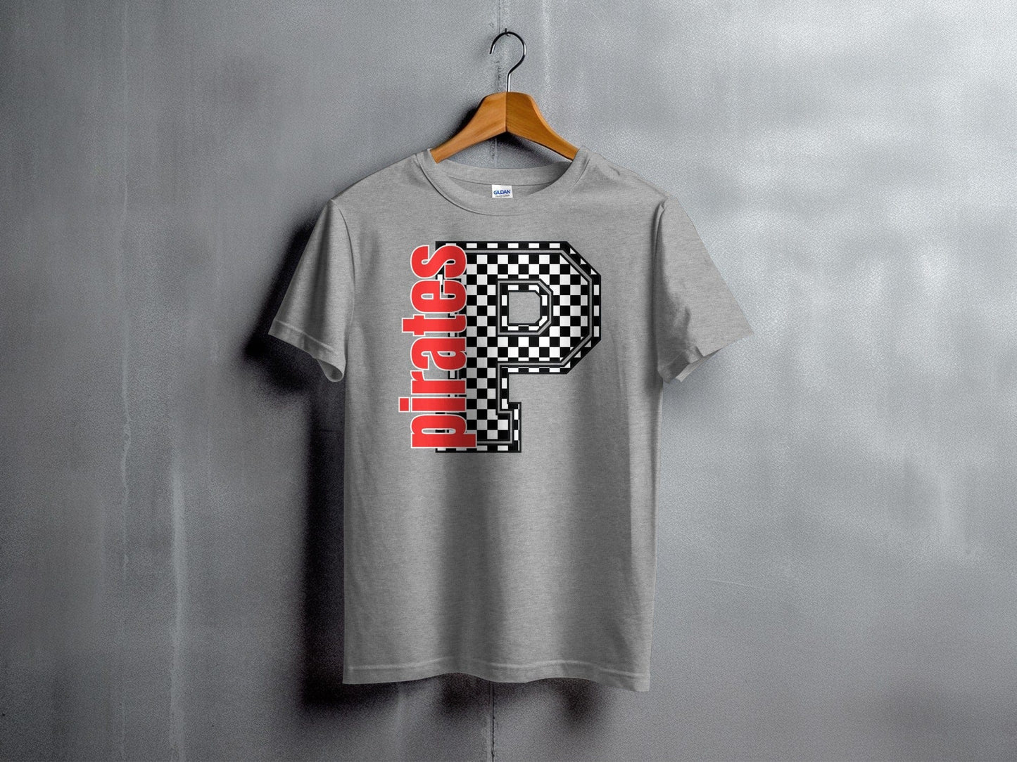 Jen Peete Designs Youth Clothing Youth Block Lettered Pirates Spirit Shirt with Checkered P