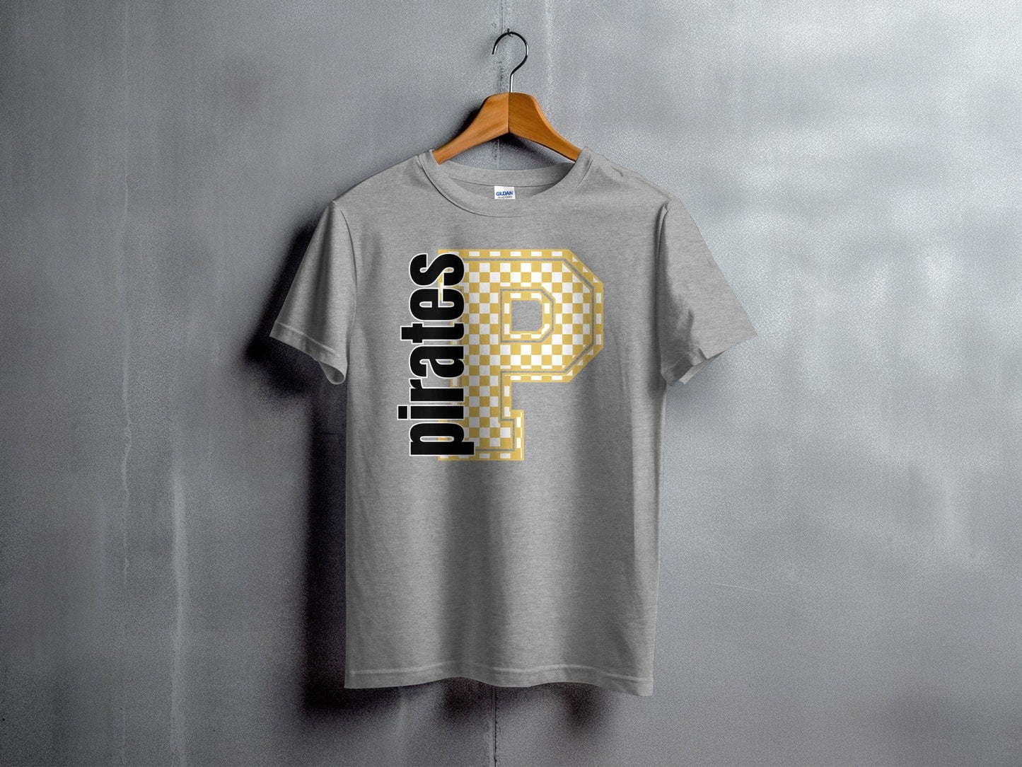 Jen Peete Designs Youth Clothing Youth Block Lettered Pirates Spirit Shirt with Gold Checkered P
