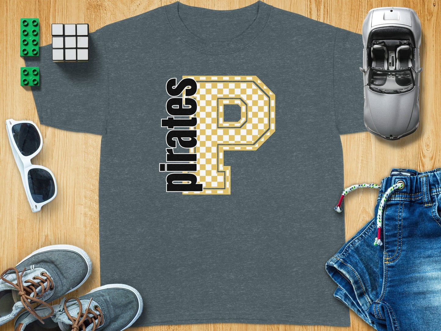 Jen Peete Designs Youth Clothing Youth Block Lettered Pirates Spirit Shirt with Gold Checkered P
