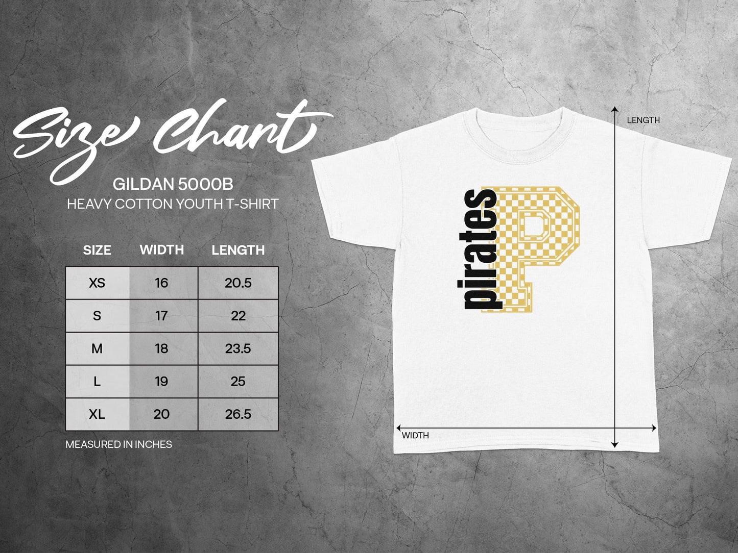 Jen Peete Designs Youth Clothing Youth Block Lettered Pirates Spirit Shirt with Gold Checkered P