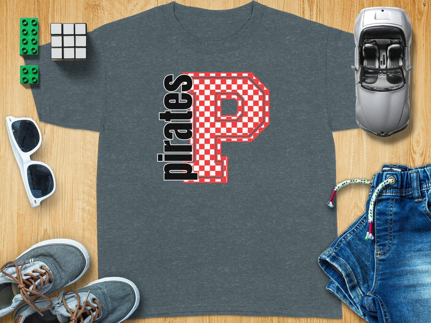 Jen Peete Designs Youth Clothing Youth Block Lettered Pirates Spirit Shirt with Red Checkered P