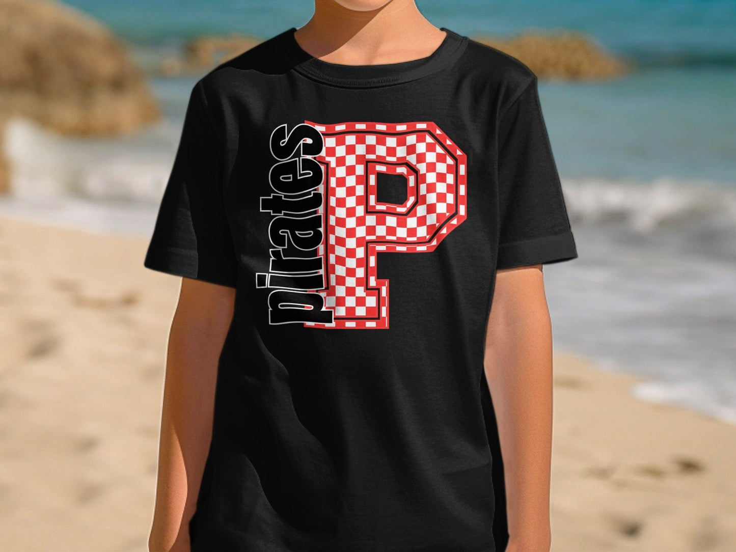 Jen Peete Designs Youth Clothing Youth Block Lettered Pirates Spirit Shirt with Red Checkered P
