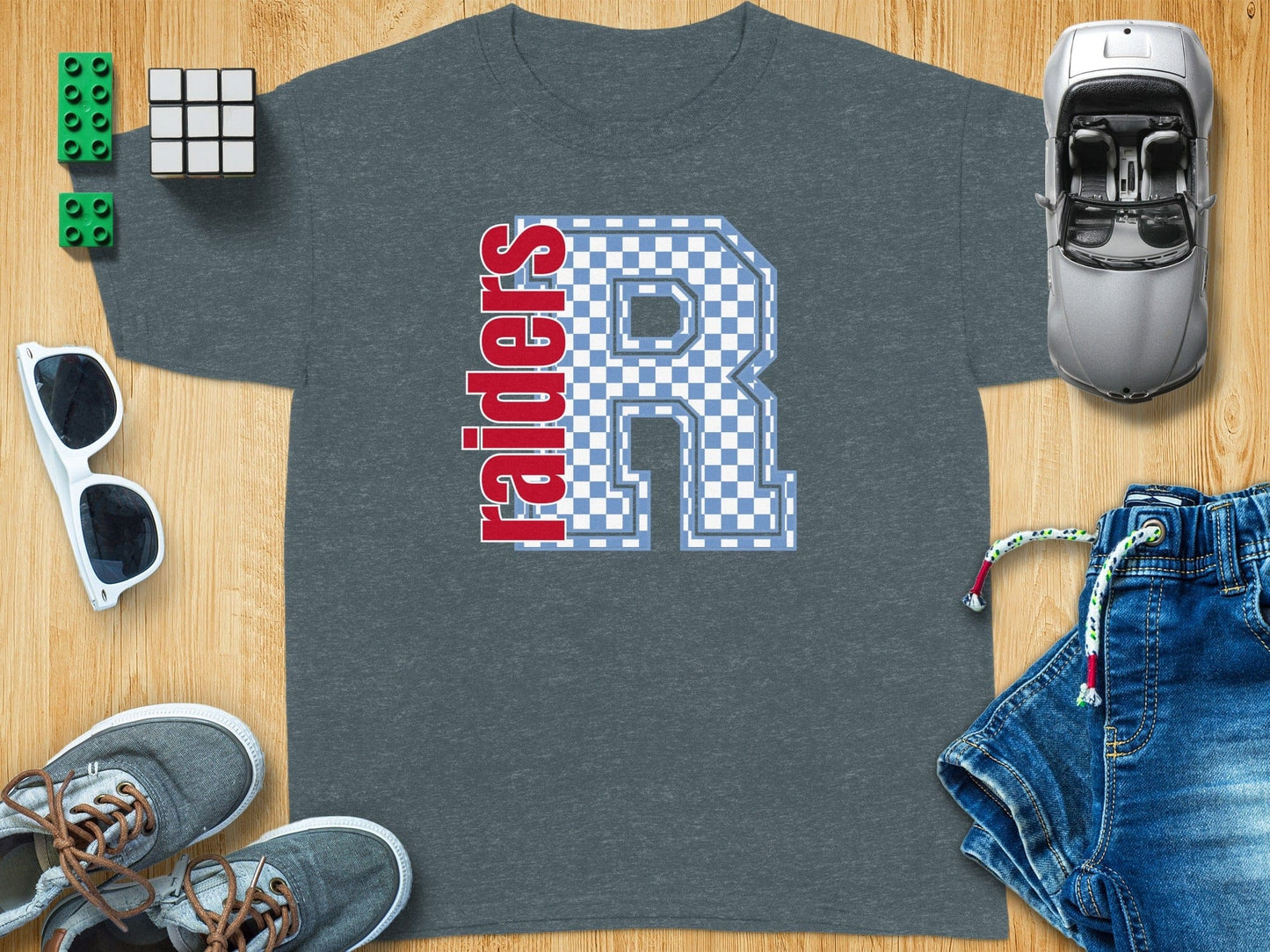 Jen Peete Designs Youth Clothing Youth Block Lettered Raiders Spirit Shirt with Blue Checkered R