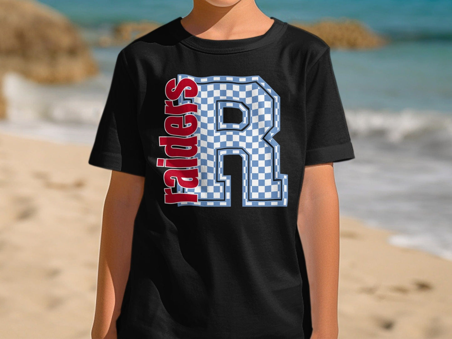 Jen Peete Designs Youth Clothing Youth Block Lettered Raiders Spirit Shirt with Blue Checkered R