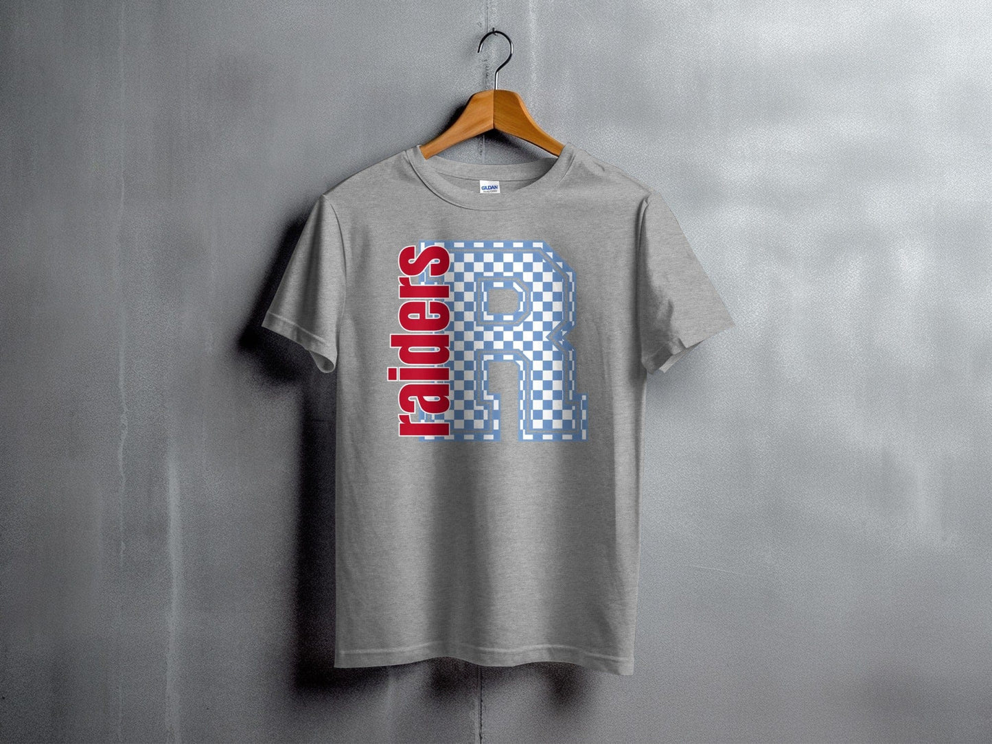 Jen Peete Designs Youth Clothing Youth Block Lettered Raiders Spirit Shirt with Blue Checkered R