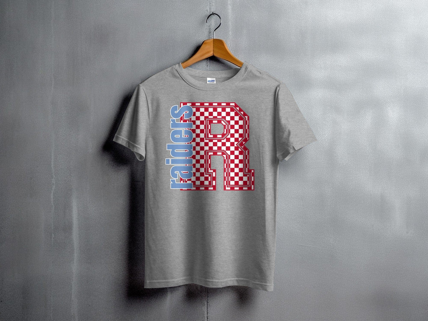 Jen Peete Designs Youth Clothing Youth Block Lettered Raiders Spirit Shirt with Red Checkered R