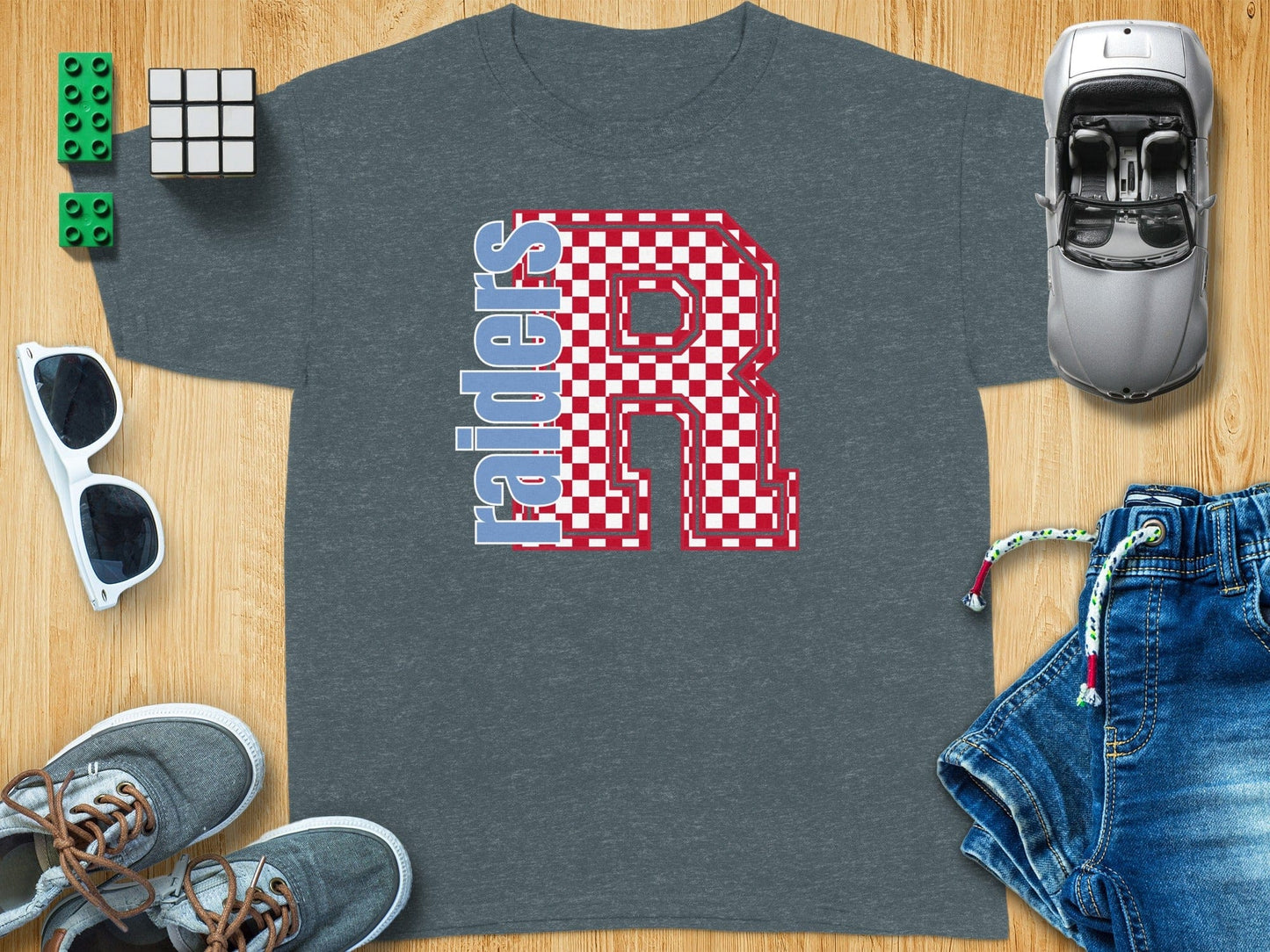 Jen Peete Designs Youth Clothing Youth Block Lettered Raiders Spirit Shirt with Red Checkered R