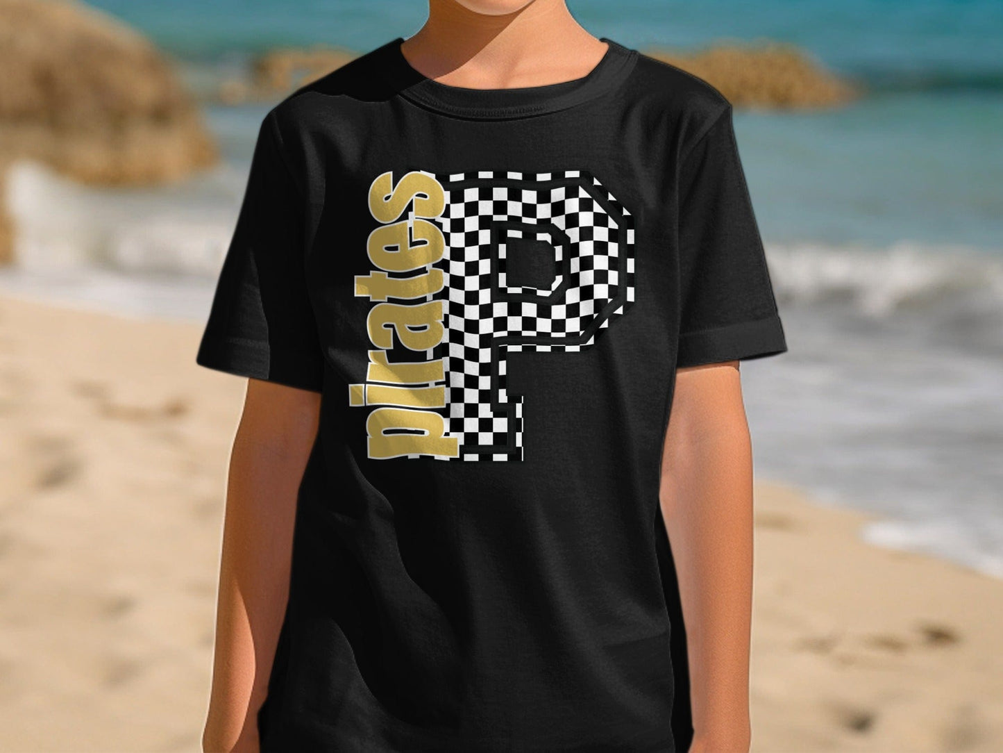 Jen Peete Designs Youth Clothing Youth Gold Block Lettered Pirates Spirit Shirt with Checkered P