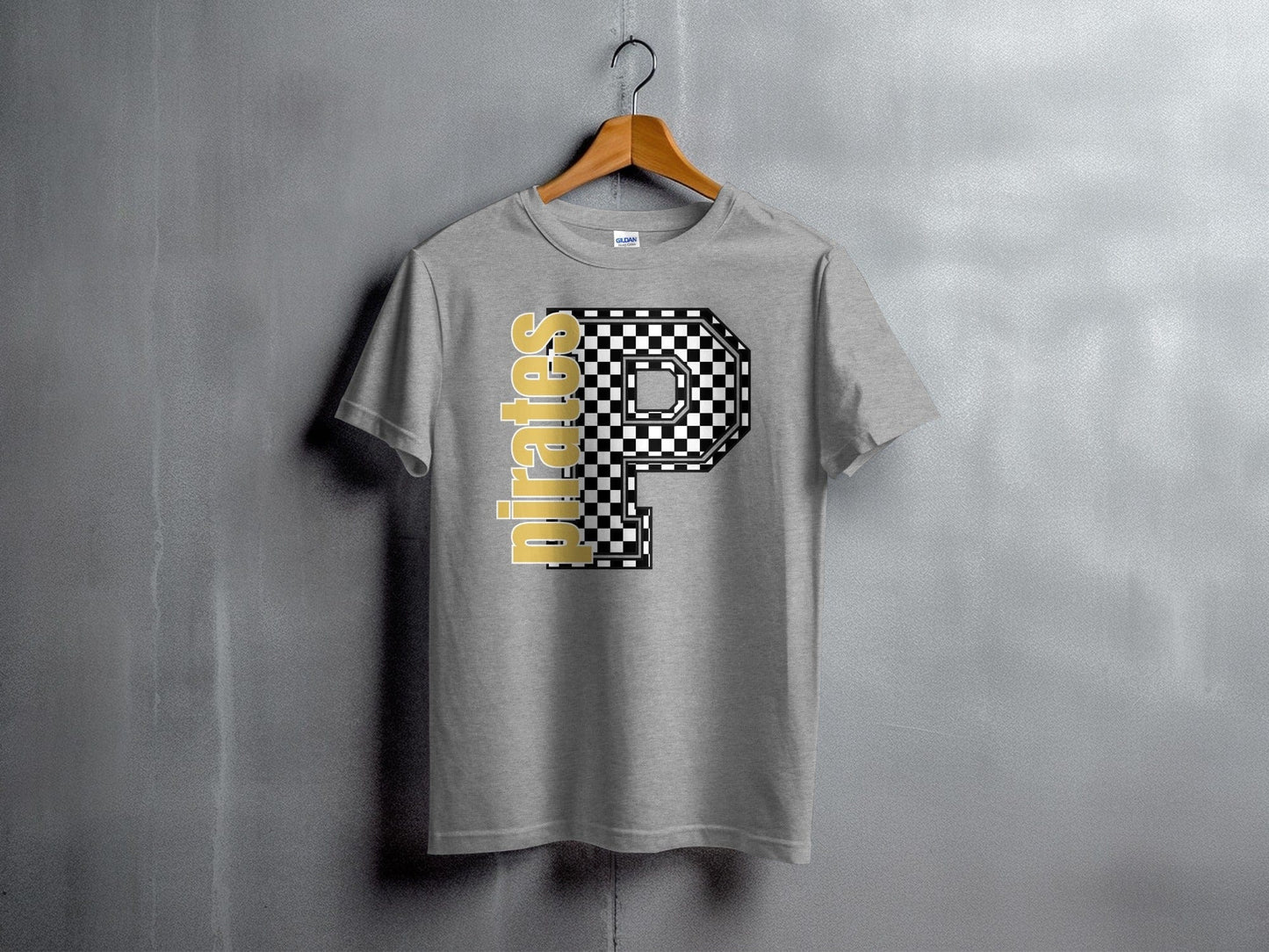 Jen Peete Designs Youth Clothing Youth Gold Block Lettered Pirates Spirit Shirt with Checkered P
