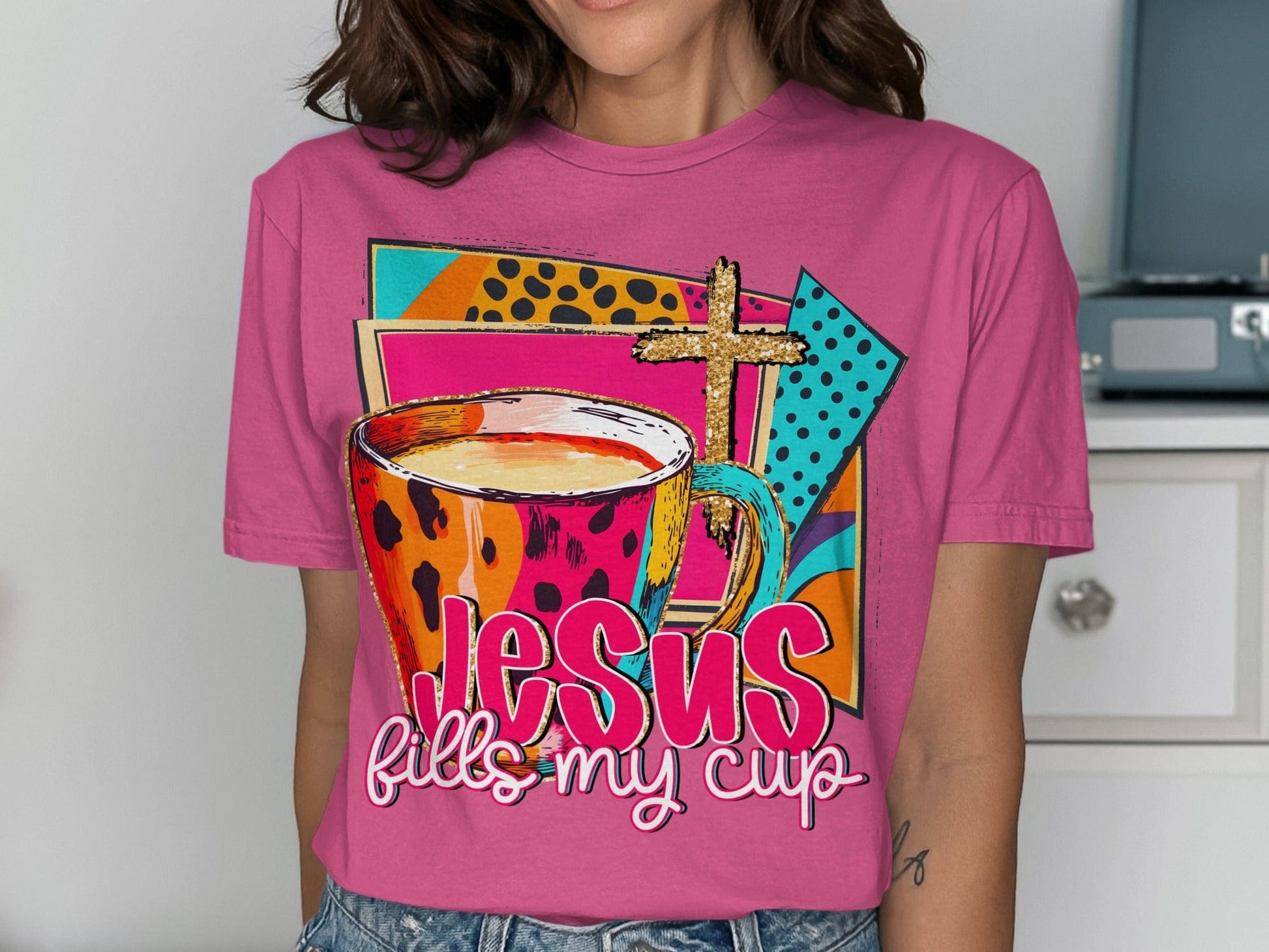 Jen Peete Designs Christian Clothing "Jesus Fills My Cup" Colorful Graphic T-Shirts