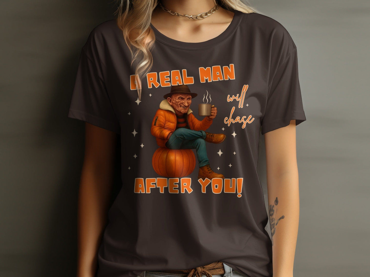 Jen Peete Designs Clothing T-shirts A Real Man Will Chase After You Freddy Graphic T-Shirt