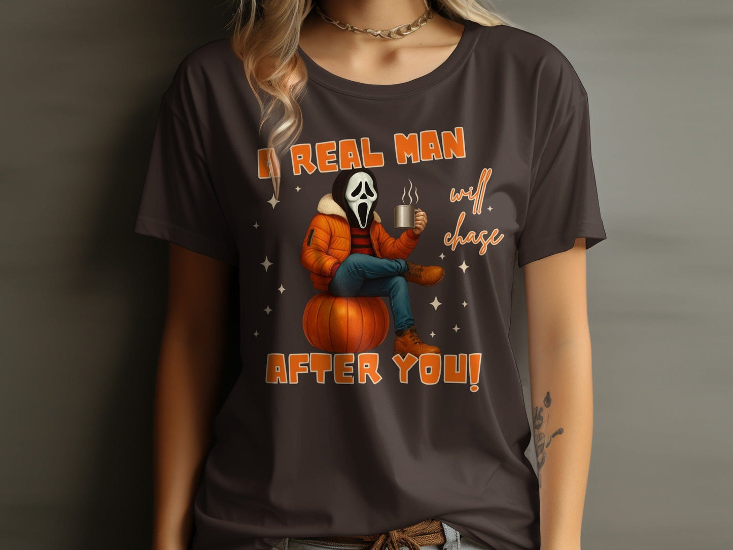 Jen Peete Designs Clothing T-shirts A Real Man Will Chase After You Ghost Face Graphic T-Shirt
