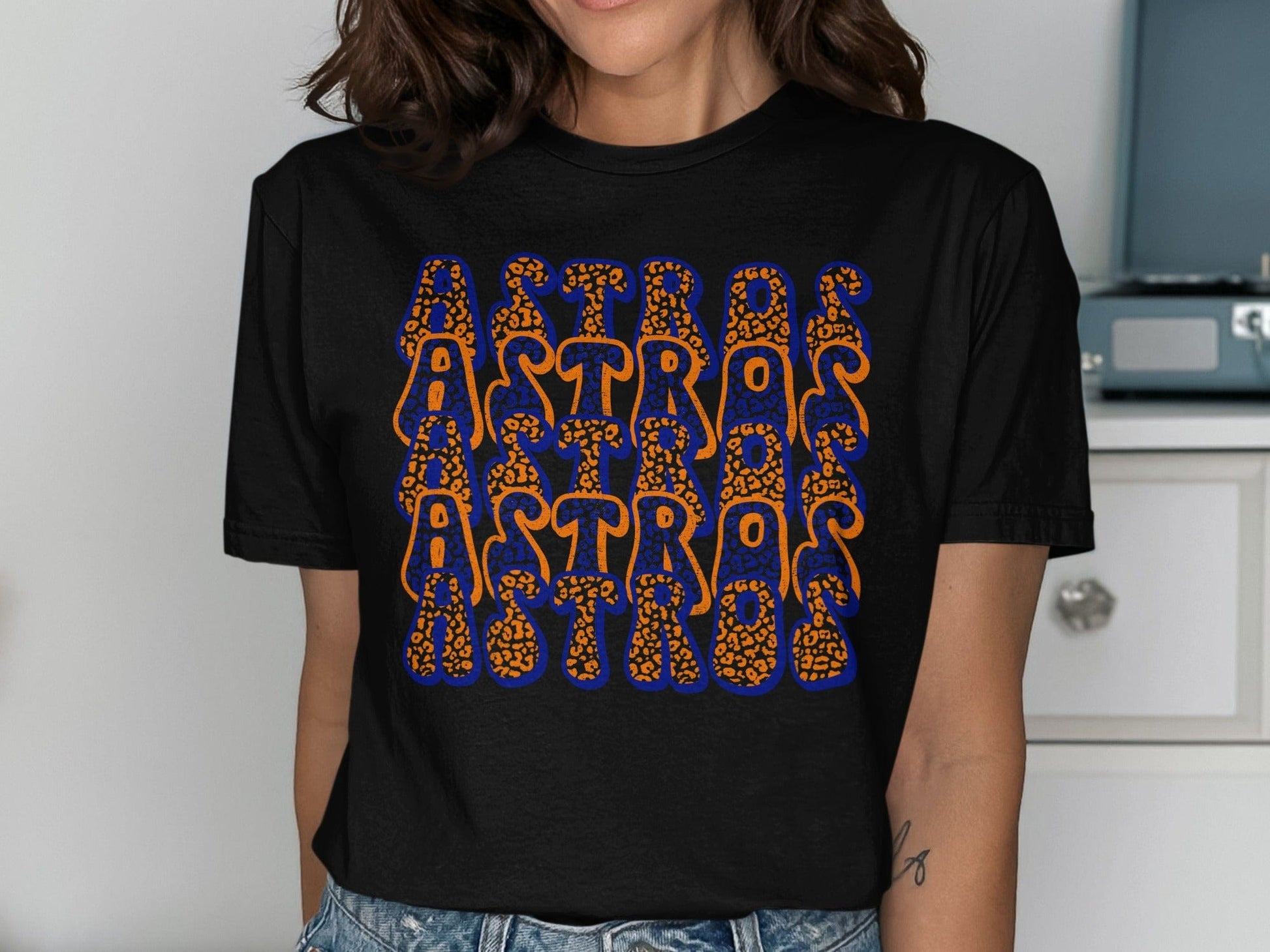 JPD Clothing T-shirts Astros Blue And Orange Leopard Print Design T-Shirt