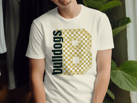 Jen Peete Designs Clothing T-shirts Block Letter Bulldogs Spirit Shirt With Gold Checkered B