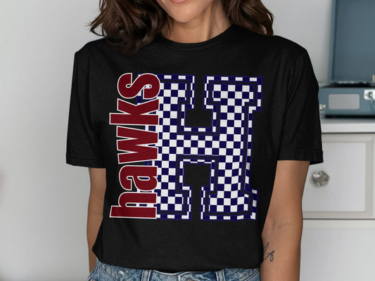 Jen Peete Designs Clothing T-shirts Block Letter Hawks Spirit Shirt with Blue Checkered H