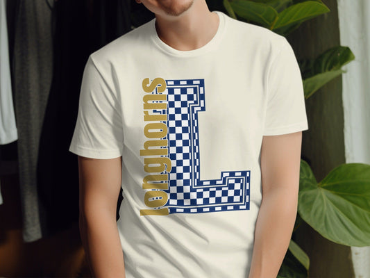 Jen Peete Designs Clothing T-shirts Block Letter Longhorns Spirit Shirt with Blue Checkered L