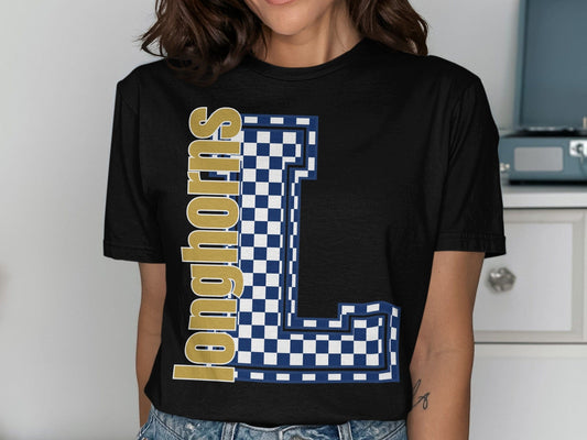 Jen Peete Designs Clothing T-shirts Block Letter Longhorns Spirit Shirt with Blue Checkered L