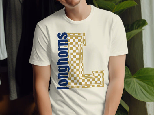 Jen Peete Designs Clothing T-shirts Block Letter Longhorns Spirit Shirt with Gold Checkered L