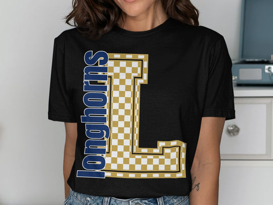 Jen Peete Designs Clothing T-shirts Block Letter Longhorns Spirit Shirt with Gold Checkered L