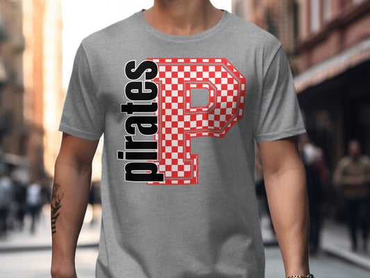 Jen Peete Designs Clothing T-shirts Block Letter Pirates Spirit Shirt with Checkered Letter P