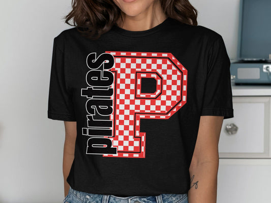 Jen Peete Designs Clothing T-shirts Block Letter Pirates Spirit Shirt with Checkered Letter P