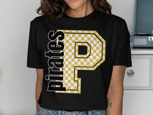 Jen Peete Designs Clothing T-shirts Block Letter Pirates Spirit Shirt with Gold Checkered P