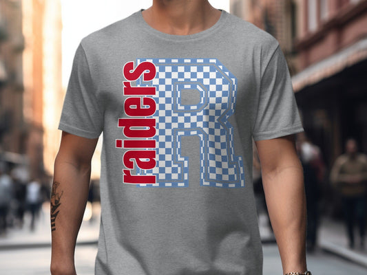 Jen Peete Designs Clothing T-shirts Block Letter Raiders Spirit Shirt with Blue Checkered R