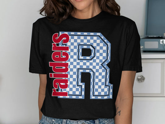 Jen Peete Designs Clothing T-shirts Block Letter Raiders Spirit Shirt with Blue Checkered R