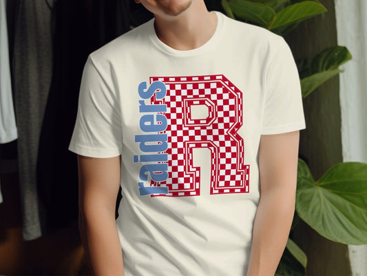 Jen Peete Designs Clothing T-shirts Block Letter Raiders Spirit Shirt with Red Checked Letter R