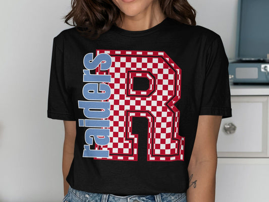 Jen Peete Designs Clothing T-shirts Block Letter Raiders Spirit Shirt with Red Checked Letter R