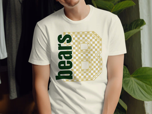 Jen Peete Designs Clothing T-shirts Block Lettered Bears Spirit Shirt with Gold Checkered B