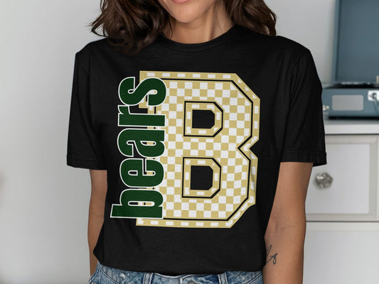Jen Peete Designs Clothing T-shirts Block Lettered Bears Spirit Shirt with Gold Checkered B