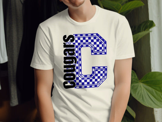 Jen Peete Designs Clothing T-shirts Block Lettered Cougars Spirit Shirt with Blue Checkered C