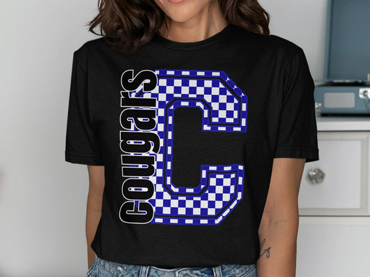Jen Peete Designs Clothing T-shirts Block Lettered Cougars Spirit Shirt with Blue Checkered C