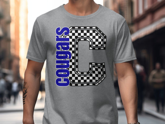 Jen Peete Designs Clothing T-shirts Block Lettered Cougars Spirit Shirt with Checkered C