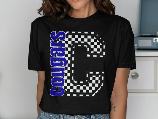 Jen Peete Designs Clothing T-shirts Block Lettered Cougars Spirit Shirt with Checkered C