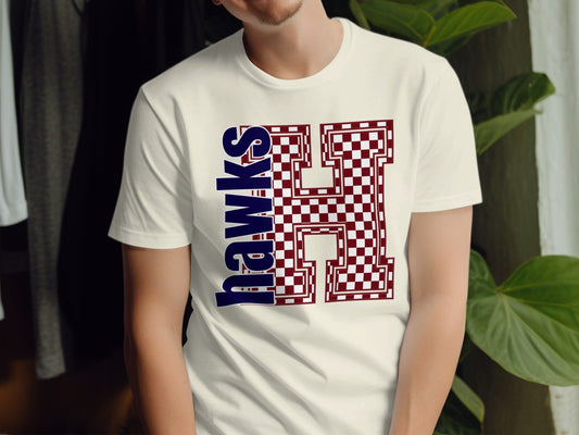 Jen Peete Designs Clothing T-shirts Block Lettered Hawks Spirit Shirt with Red Checkered H