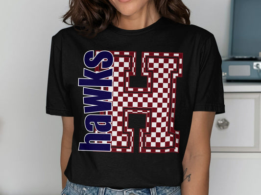 Jen Peete Designs Clothing T-shirts Block Lettered Hawks Spirit Shirt with Red Checkered H