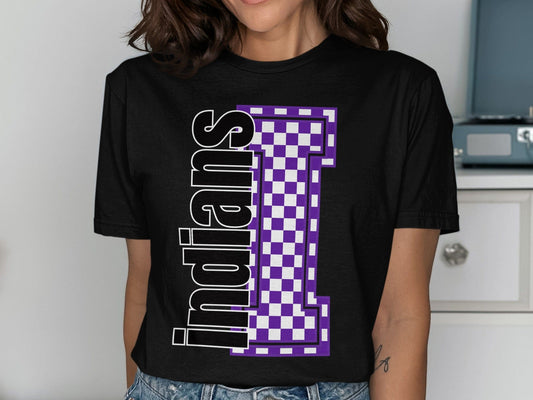 Jen Peete Designs Clothing T-shirts Block Lettered Indians Spirit Shirt with Purple Checkered I