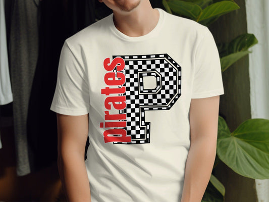 Jen Peete Designs Clothing T-shirts Block Lettered Pirates Spirit Shirt with Checkered P